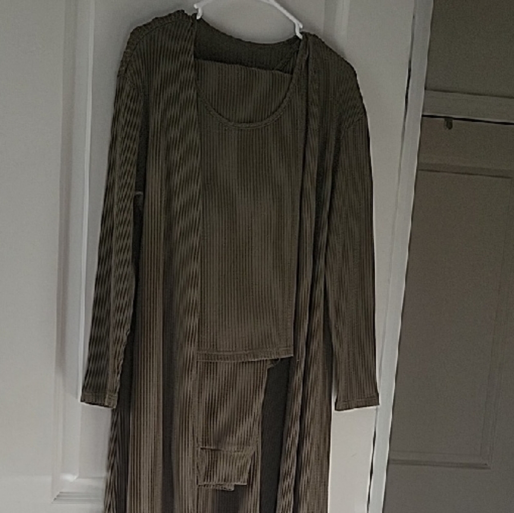 Olive Green 3 Piece Ribbed Long Cardigan and Top Set